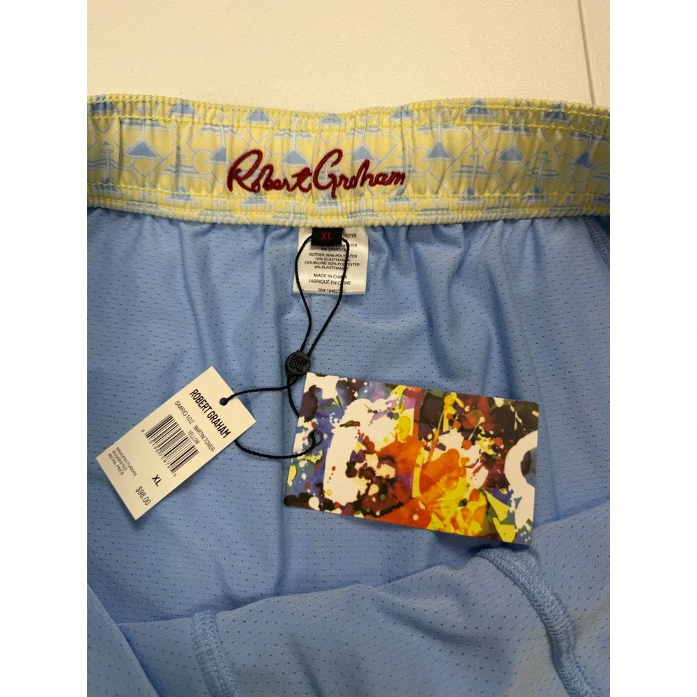 New Robert Graham Mens Martini Tower Swim Trunks Yellow Blue Martini Glass XL